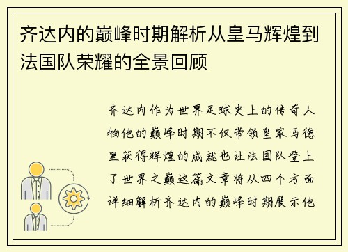 齐达内的巅峰时期解析从皇马辉煌到法国队荣耀的全景回顾