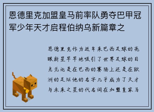 恩德里克加盟皇马前率队勇夺巴甲冠军少年天才启程伯纳乌新篇章之