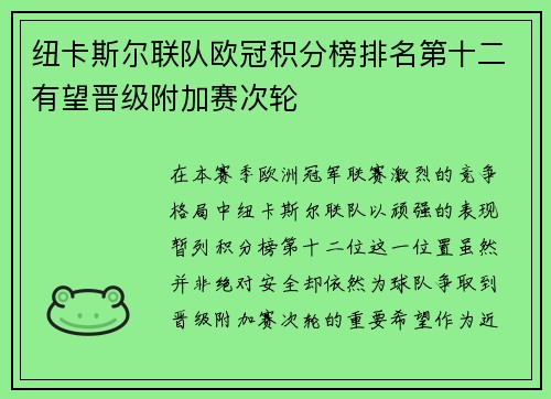 纽卡斯尔联队欧冠积分榜排名第十二有望晋级附加赛次轮